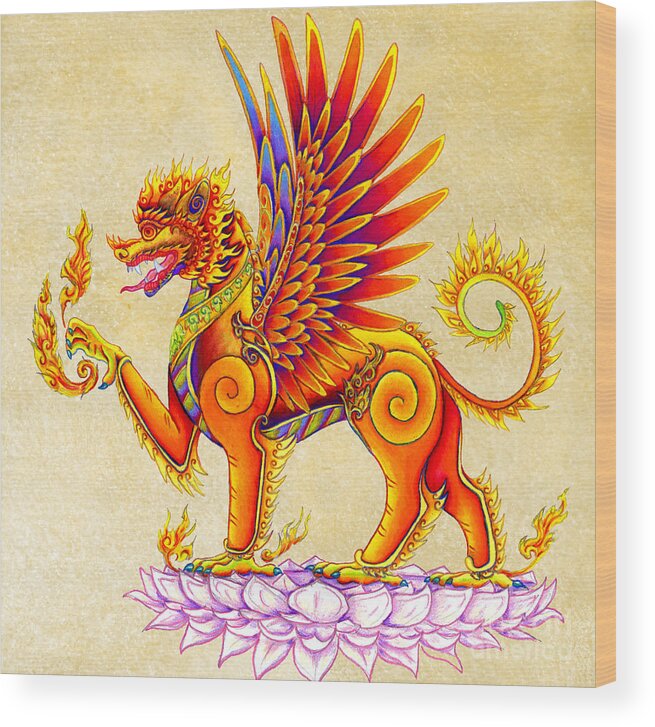 Singha Wood Print featuring the drawing Singha Balinese Winged Lion by Rebecca Wang