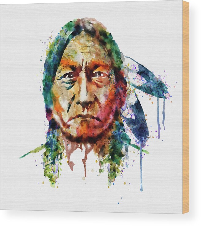 Sitting Bull Wood Print featuring the painting Sitting Bull watercolor painting by Marian Voicu