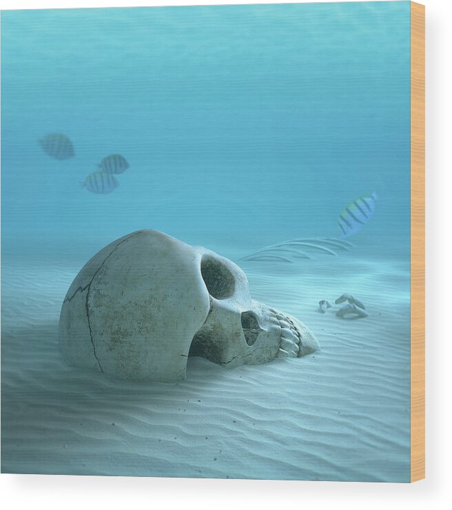 Skull Wood Print featuring the photograph Skull on sandy ocean bottom by Johan Swanepoel