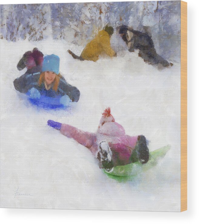 Children Child Boys Girls Winter Snow Hill Sled Sledding Build Building Fort Snowballs Cold Sport Activity Play Fun Wood Print featuring the digital art Snow Fun by Frances Miller
