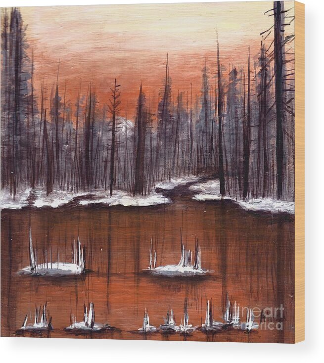 #snow #trees #water #forests #lakes #frozen #landscapes #glow #copper Wood Print featuring the painting Snow Glow by Allison Constantino