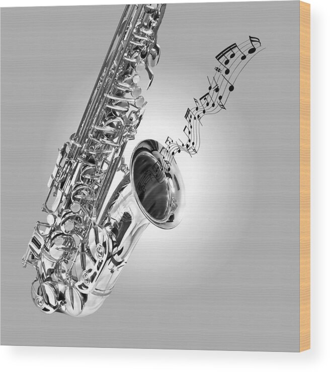 Music Wood Print featuring the photograph Sounds of the Sax in Black and White by Gill Billington