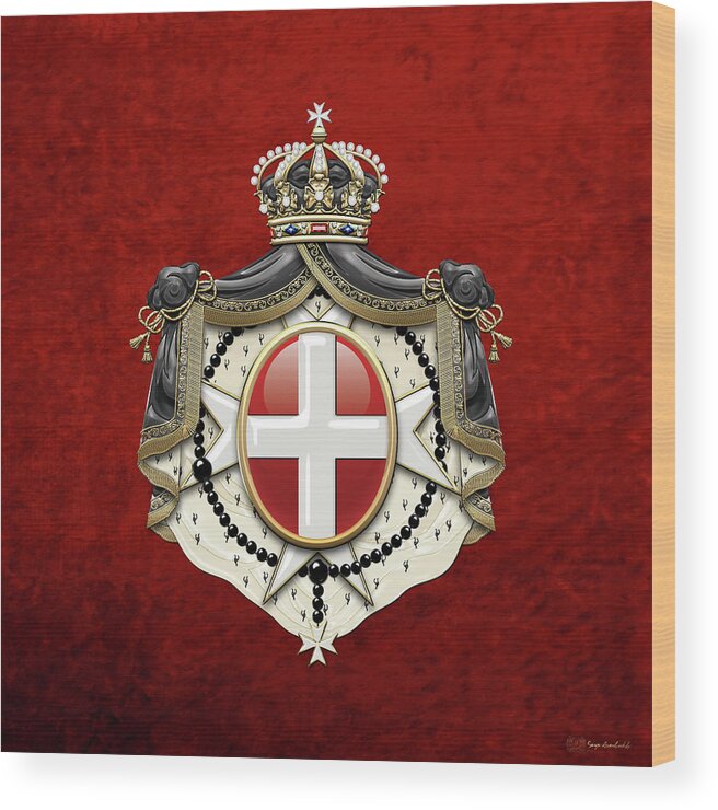 'ancient Brotherhoods' Collection By Serge Averbukh Wood Print featuring the digital art Sovereign Military Order of Malta Coat of Arms over Red Velvet by Serge Averbukh