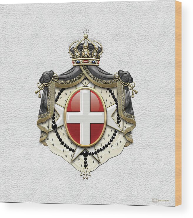 'ancient Brotherhoods' Collection By Serge Averbukh Wood Print featuring the digital art Sovereign Military Order of Malta Coat of Arms over White Leather by Serge Averbukh