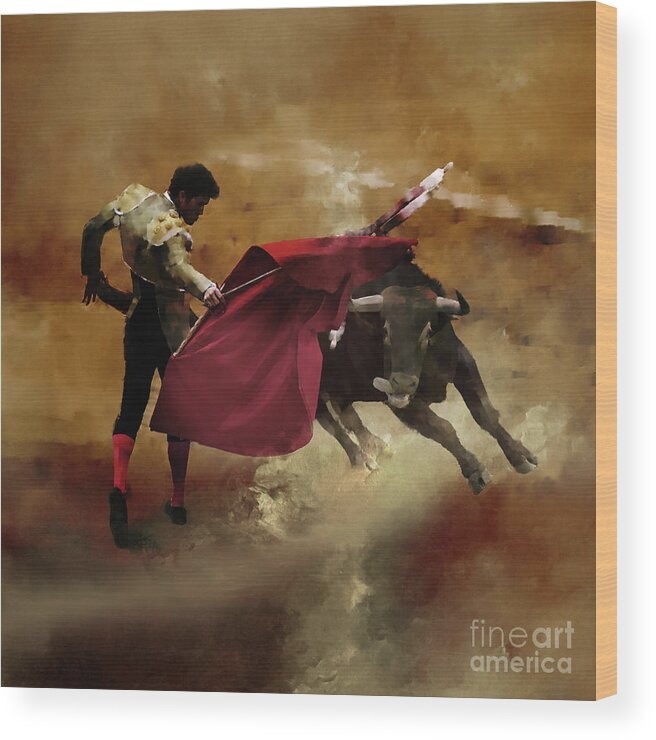 Buffalo Wood Print featuring the painting Spanish Bullfighting game by Gull G