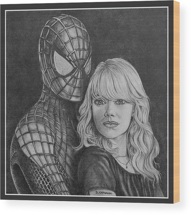 Pencil Wood Print featuring the drawing Spidey and Gwen by Daniel Carvalho