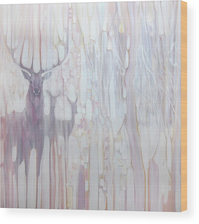 White Paintings Wood Print featuring the painting Spirit Guides - deer in a winter forest by Gill Bustamante