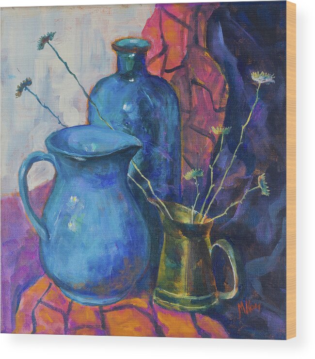 Still Life Wood Print featuring the painting Still life with a blue bottle and the other subjects by Maxim Komissarchik