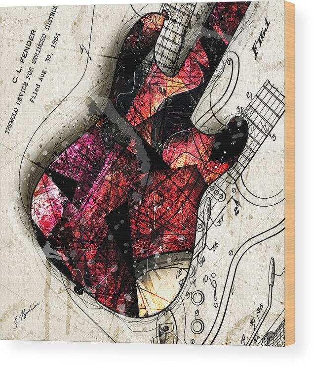 Fender Guitar Wood Print featuring the digital art Strat Abstracta No. 4 Red Dusk by Gary Bodnar
