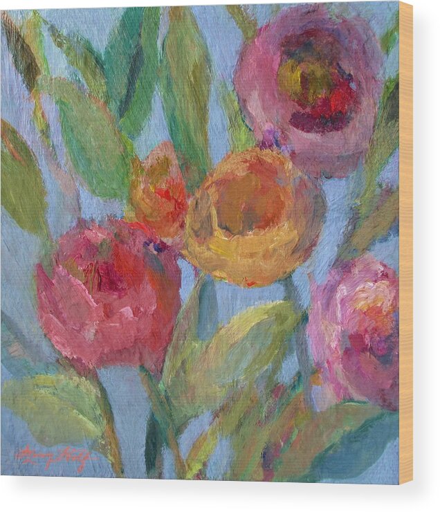 Flower Painting Wood Print featuring the painting Sunlit Flower Garden by Mary Wolf