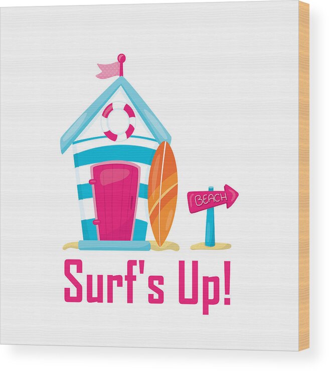 Surfer Art Wood Print featuring the digital art Surfer Art - Surf's Up Cabana House To The Beach by KayeCee Spain