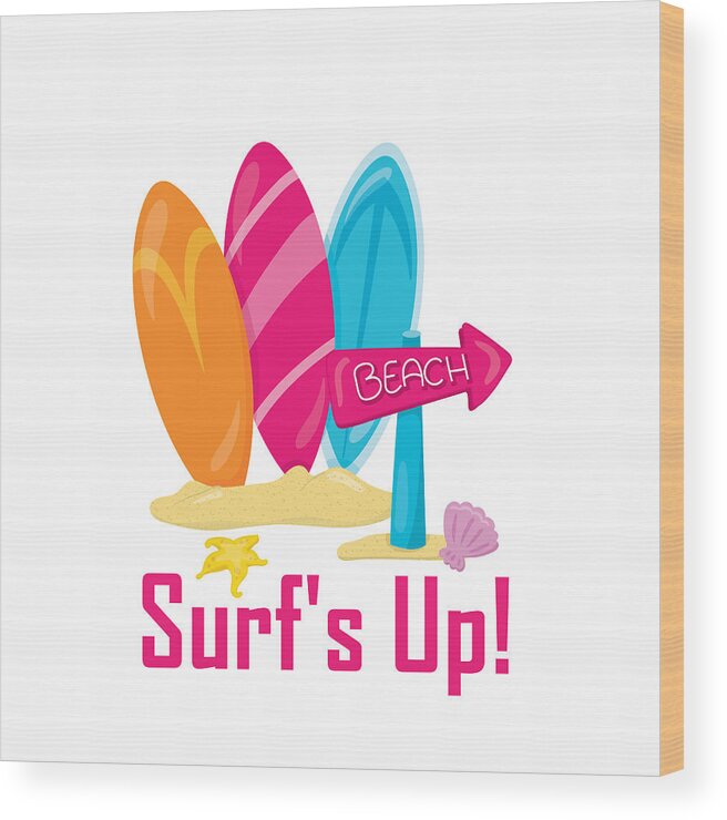 Surfer Art Wood Print featuring the digital art Surfer Art - Surf's Up To The Beach With Surfboards by KayeCee Spain