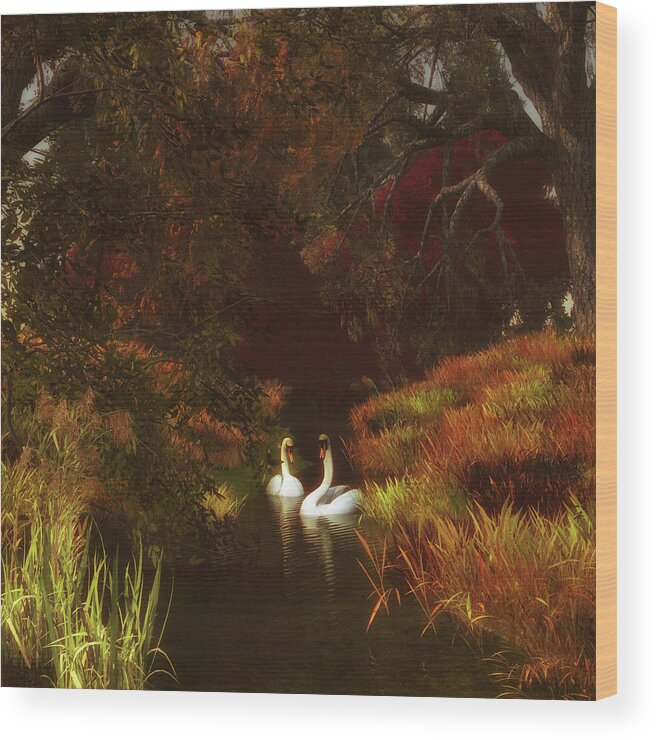 Autumn Wood Print featuring the painting Swans in the forest by Jan Keteleer