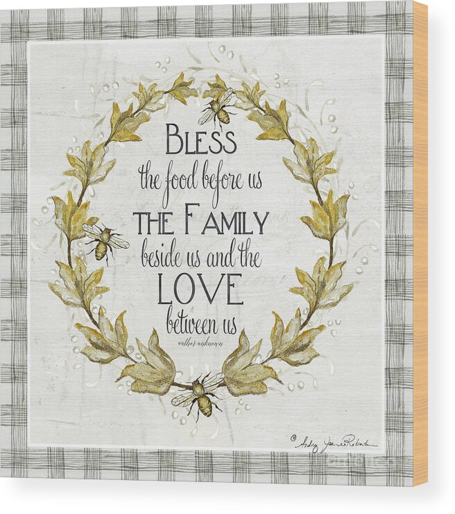 Bless The Food Wood Print featuring the painting Sweet Life Farmhouse 4 Laurel Leaf Wreath Bee Bless This Food by Audrey Jeanne Roberts