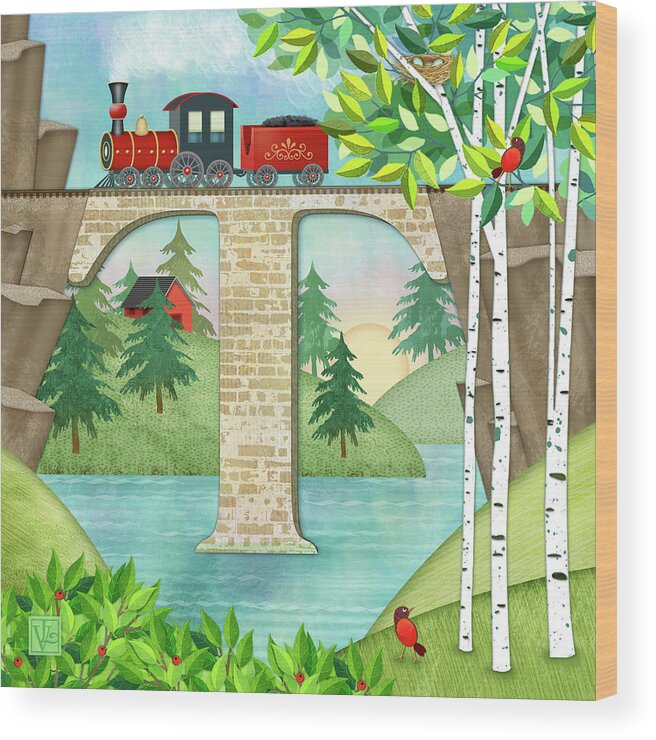 Letter T Wood Print featuring the digital art T is for Train and Train Trestle by Valerie Drake Lesiak