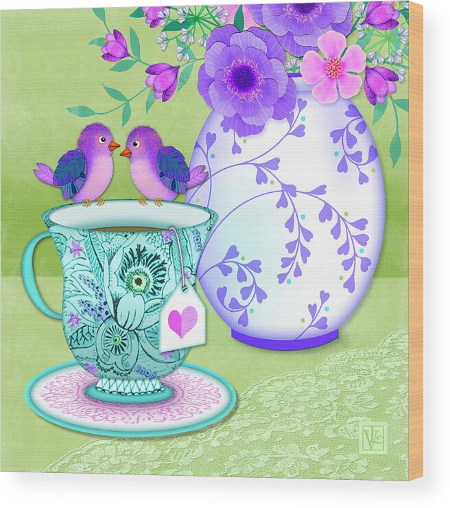 Tea Cup Wood Print featuring the mixed media Tea for Two by Valerie Drake Lesiak