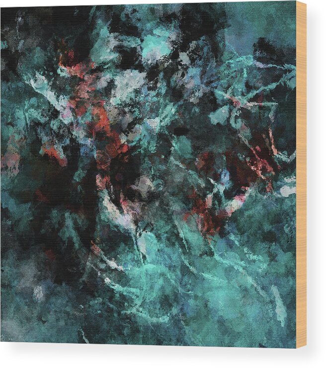 Abstract Wood Print featuring the painting Teal Abstract And Modern Painting by Inspirowl Design