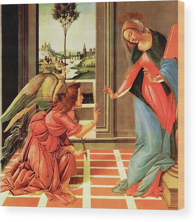 Annunciation Wood Print featuring the mixed media The Annunciation Virgin Mary Archangel Gabriel by Sandro Botticelli