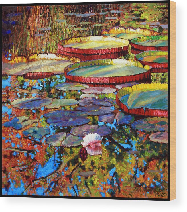 Water Lilies Wood Print featuring the painting The Beginning of Fall by John Lautermilch