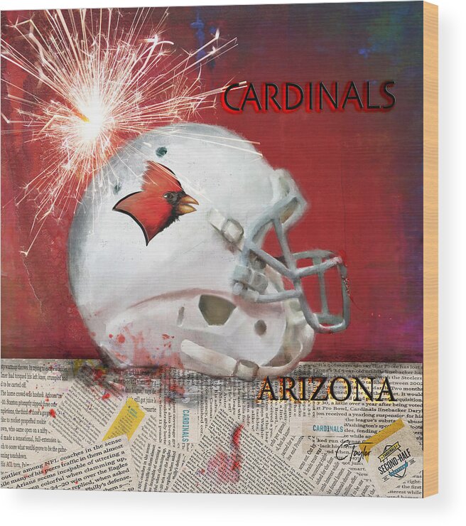Arizona Cardinals Wood Print featuring the digital art The Bird Gang Helmet by Colleen Taylor