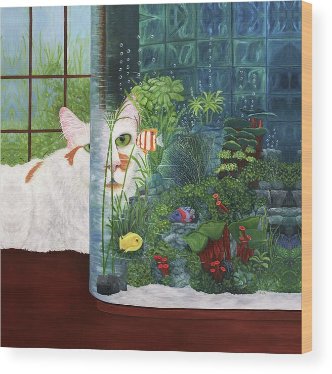 Karen Zuk Rosenblatt Wood Print featuring the painting The Cat Aquatic by Karen Zuk Rosenblatt