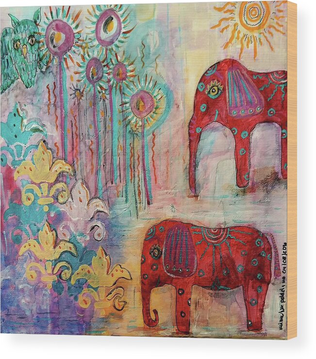 Elephants Wood Print featuring the mixed media The Guardians of Night and Day by Mimulux Patricia No