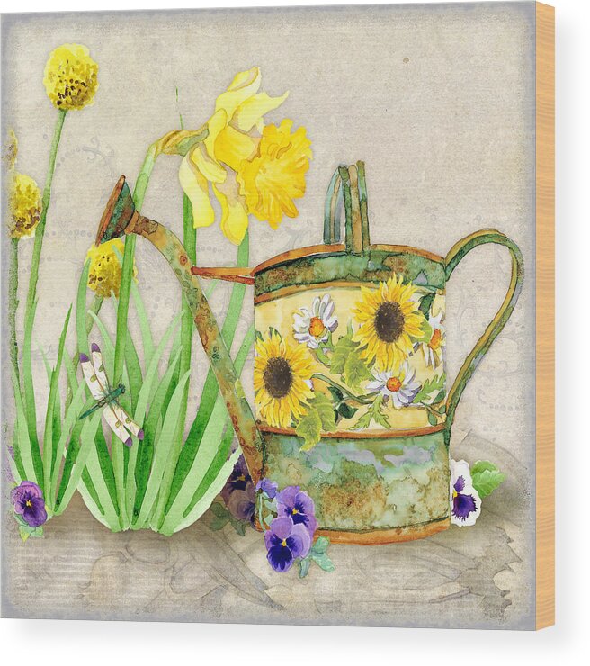 Pansy Wood Print featuring the painting The Promise of Spring - Watering Can by Audrey Jeanne Roberts