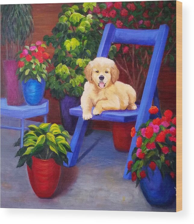 Dog Wood Print featuring the painting The puppy in the garden by Rosie Sherman