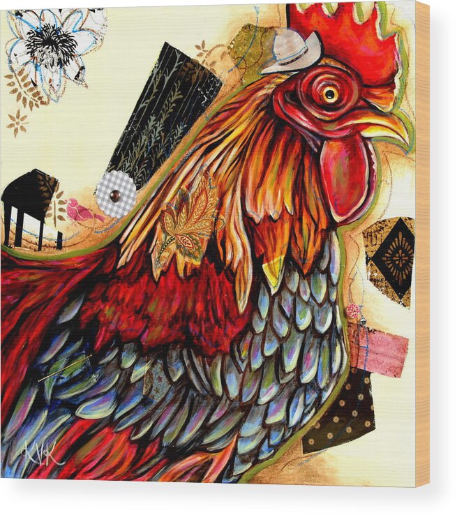 Country Critters Wood Print featuring the mixed media The Rooster by Katia Von Kral