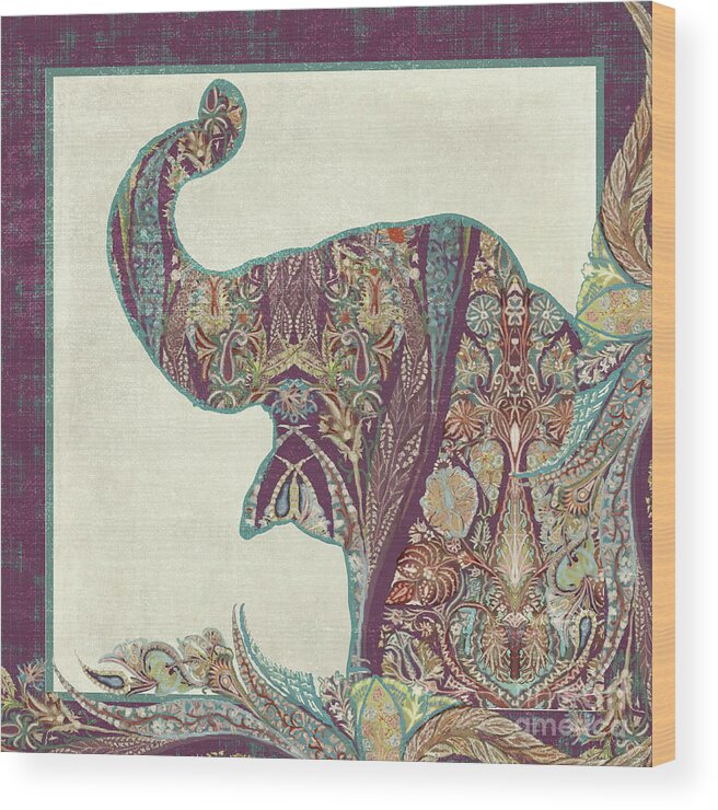 Elephant Head Wood Print featuring the painting The Trumpet - Elephant Kashmir Patterned Boho Tribal by Audrey Jeanne Roberts