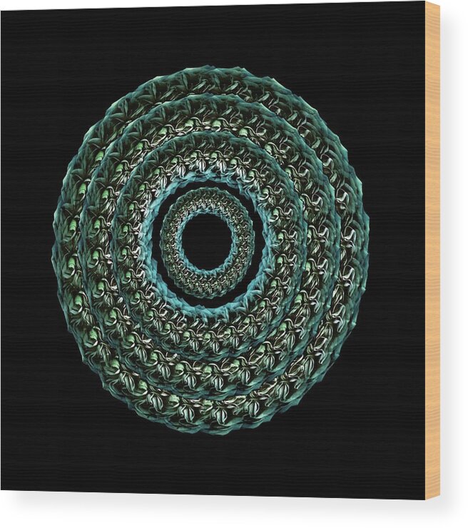Turquoise Mandala Rose Wood Circle Feather Flower Nature Pagan Meditation Infinity Transformation Wood Print featuring the mixed media The Turqoise and Teal Infinity of Rose by Jacqueline Migell