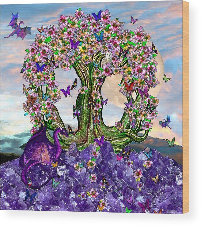 Dragon Wood Print featuring the mixed media The World Tree Spring Equinox Dragons by Michele Avanti
