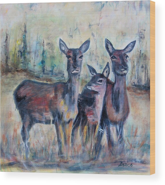 Deer Wood Print featuring the painting Three deer by Denice Palanuk Wilson