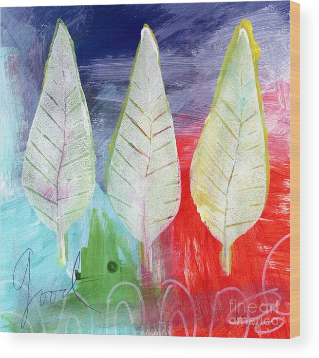 Abstract Wood Print featuring the painting Three Leaves Of Good by Linda Woods