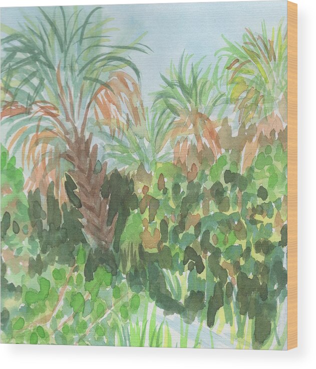 Watercolor Wood Print featuring the painting Three Palms by Marcy Brennan