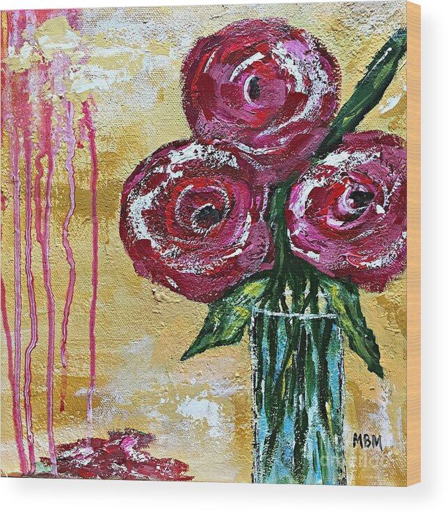 Roses Wood Print featuring the painting Three Roses by Mary Mirabal