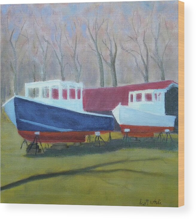 Boats Landscape Lobster Spring Wood Print featuring the painting Time To Get Back In The Water by Scott W White
