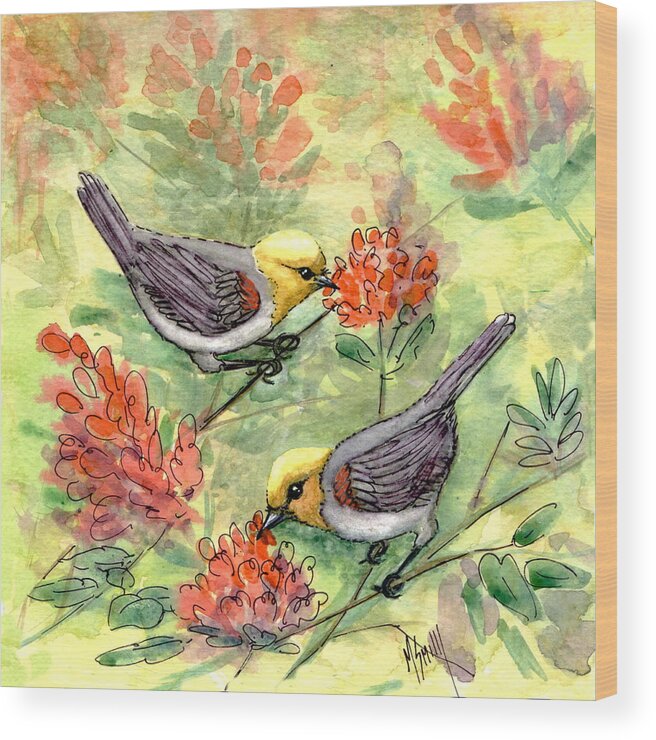 Tiny Birds Wood Print featuring the painting Tiny Verdin In Honeysuckle by Marilyn Smith