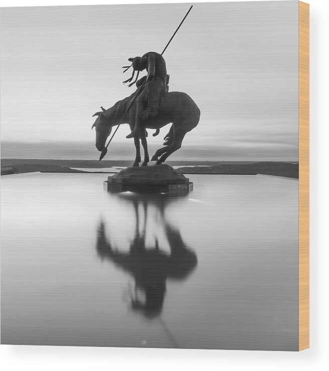 Missouri Wood Print featuring the photograph Top of the Rock Native American Statue Silhouette Reflections BW by Gregory Ballos