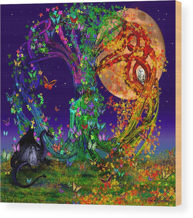 Harvest Moon Wood Print featuring the painting Tree Of Life With Owl and Dragon by Michele Avanti