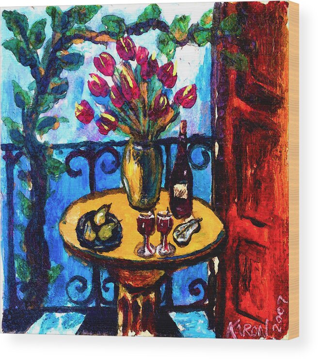 Italia Wood Print featuring the painting Tulips Wine and Pears by Karon Melillo DeVega