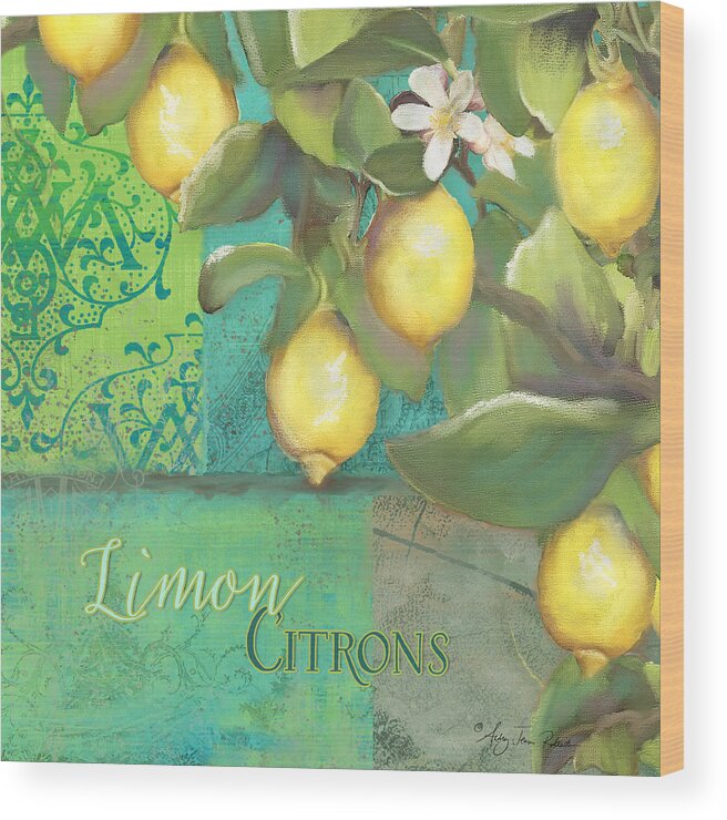 Tuscan Wood Print featuring the painting Tuscan Lemon Tree - Damask Pattern 2 by Audrey Jeanne Roberts
