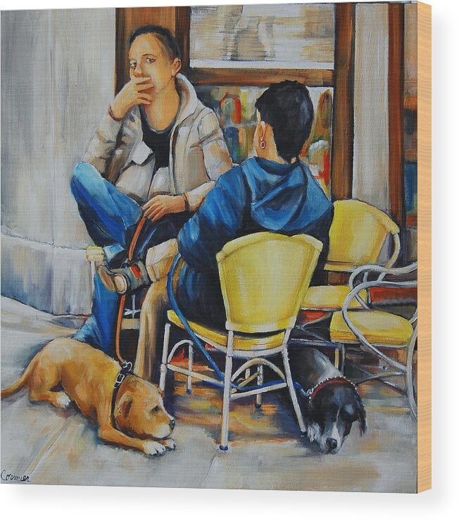 Cafe Wood Print featuring the painting Two Dogs Two Men by Jean Cormier