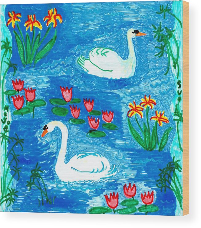 Sue Burgess Wood Print featuring the painting Two Swans by Sushila Burgess