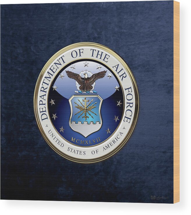 'military Insignia 3d' By Serge Averbukh Wood Print featuring the digital art U. S. Air Force - U S A F Emblem over Blue Velvet by Serge Averbukh