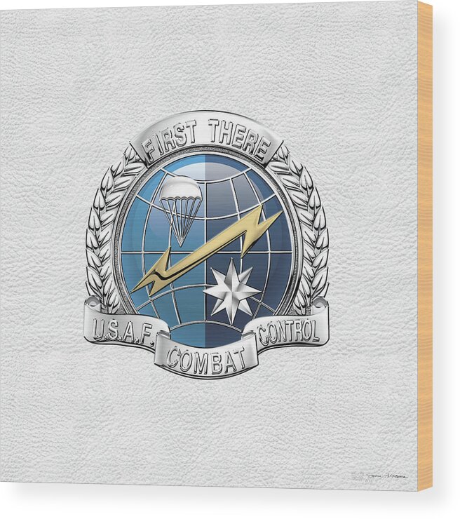 'military Insignia & Heraldry' Collection By Serge Averbukh Wood Print featuring the digital art U. S. Air Force Combat Control Teams - Combat Controller C C T Badge over White Leather by Serge Averbukh
