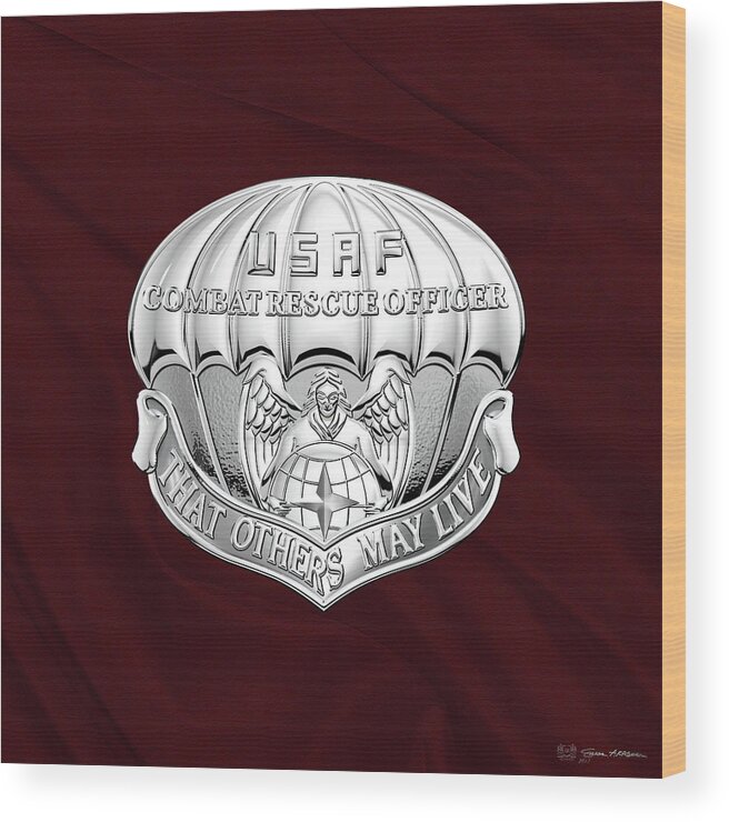 'military Insignia & Heraldry' Collection By Serge Averbukh Wood Print featuring the digital art U. S. Air Force Combat Rescue Officer - C R O Badge over Maroon Felt by Serge Averbukh