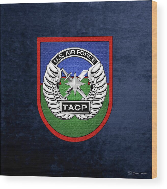 'military Insignia & Heraldry' Collection By Serge Averbukh Wood Print featuring the digital art U. S. Air Force Tactical Air Control Party - T A C P Beret Flash With Crest over Blue Velvet by Serge Averbukh