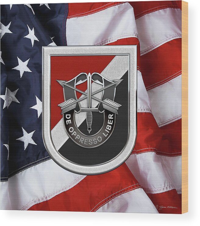 'u.s. Army Special Forces' Collection By Serge Averbukh Wood Print featuring the digital art U. S. Army 6th Special Forces Group - 6th S F G Beret Flash over American Flag by Serge Averbukh