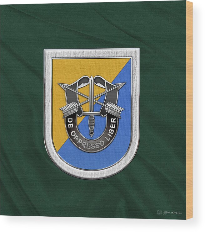 'u.s. Army Special Forces' Collection By Serge Averbukh Wood Print featuring the digital art U. S. Army 8th Special Forces Group - 8 S F G Beret Flash over Green Beret Felt by Serge Averbukh